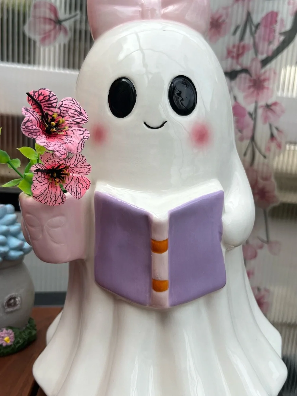 White Ceramic Ghost Vase with Pink & Lavender Accents